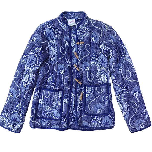 Vtg Chandni Boho Floral Quilted Jacket Women’s M Blue White Frog Button Indie - Picture 1 of 11